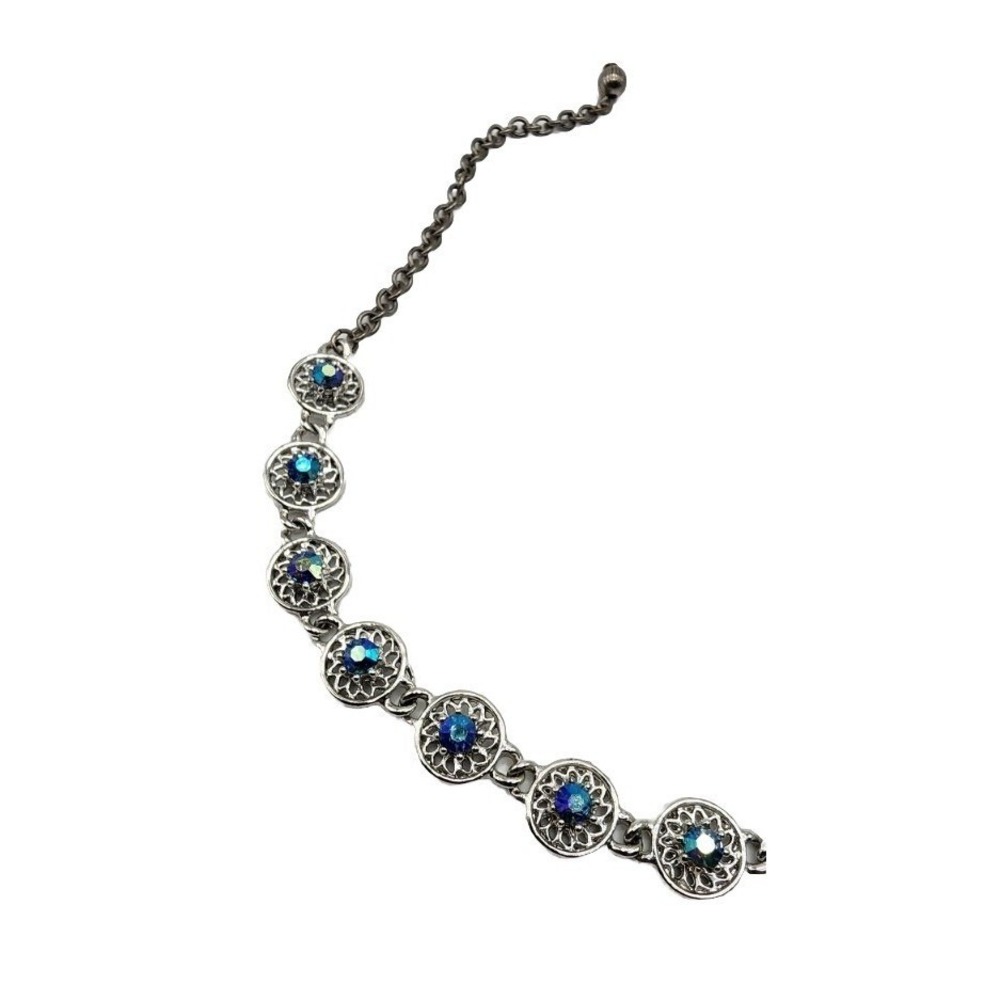 Vintage Dark Blue Aurora Borealis Rhinestone Silver Tone Filagree Necklace 17.5" - Picture 4 of 15